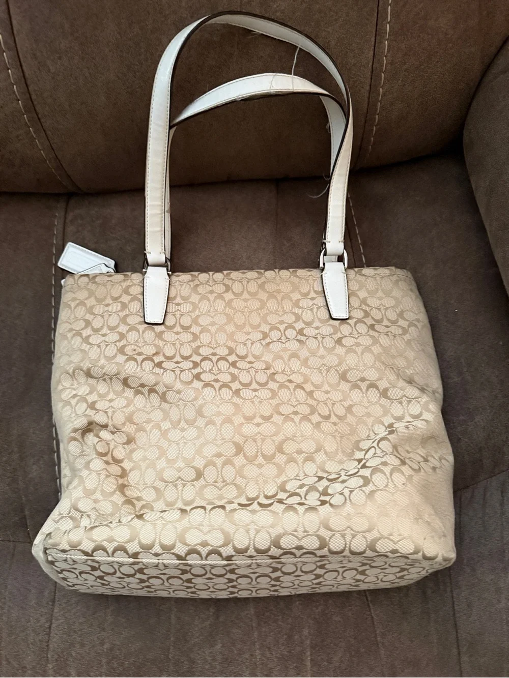 Coach Beige Signature Tote with White Leather Trim